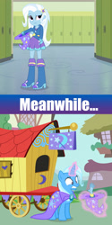 Size: 1800x3600 | Tagged: safe, artist:greenmachine987, artist:jeatz-axl, artist:thegreenmachine987, artist:vector-brony, character:trixie, my little pony:equestria girls, boots, cape, clothing, comic, hand, hat, high heel boots, high heels, hoodie, human ponidox, jacket, lockers, ponidox, self ponidox, skirt, surprised, trixie's cape, trixie's hat, trixie's wagon, wizard hat