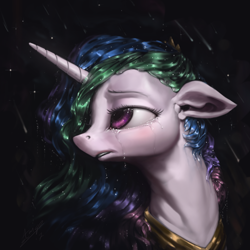 Size: 1080x1080 | Tagged: safe, artist:assasinmonkey, character:princess celestia, species:alicorn, species:pony, crown, crying, female, floppy ears, grief, jewelry, mare, multicolored hair, night, peytral, pretty, purple eyes, regalia, royalty, sad, shooting star, solo, stars, tears of pain, tiara, uncanny valley
