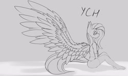Size: 3000x1800 | Tagged: safe, artist:chapaevv, character:fluttershy, species:anthro, advertisement, auction, clothing, commission, female, monochrome, sitting, solo, wings, your character here