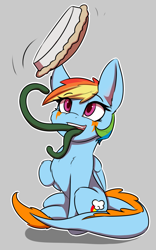 Size: 1200x1920 | Tagged: safe, artist:captainpudgemuffin, character:rainbow dash, cheek fluff, chest fluff, cute, dashabetes, ear fluff, female, fluffy, food, gray background, hilarious in hindsight, monster pony, original species, pie, shoulder fluff, simple background, solo, species swap, tatzldash, tatzlpony, tentacle tongue, tentacles, this will end in tears