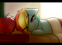 Size: 1280x931 | Tagged: dead source, safe, artist:captainpudgemuffin, character:rainbow dash, apple, bed, blanket, cute, dashabetes, eye clipping through hair, female, food, hair over one eye, implied appledash, implied lesbian, implied shipping, morning ponies, one eye closed, solo, sweet dreams fuel, waking up