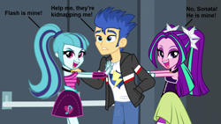 Size: 1280x720 | Tagged: safe, artist:mixiepie, artist:themexicanpunisher, character:aria blaze, character:flash sentry, character:sonata dusk, ship:flasharia, my little pony:equestria girls, clothing, dialogue, door, female, flash sentry gets all the mares, flash sentry gets all the waifus, male, pants, senata, shipping, skirt, sleeveless, straight, valentine's day