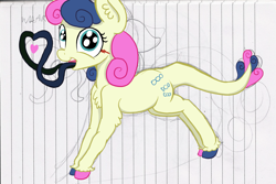 Size: 2351x1572 | Tagged: safe, artist:paskanaakka, derpibooru original, character:bon bon, character:sweetie drops, chest fluff, colored hooves, ear fluff, female, heart, lined paper, looking at you, monster pony, original species, solo, species swap, tatzlbon, tatzlpony, tentacle tongue, tentacles, unshorn fetlocks