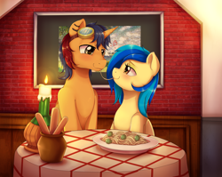 Size: 2800x2224 | Tagged: safe, artist:evomanaphy, oc, oc only, oc:electric spark, oc:silvia, blushing, candle, candlelight, commission, couple, date, female, floating heart, food, goggles, happy, hayballs, heart, lady and the tramp, looking at each other, male, pasta, reference, restaurant, romance, romantic, silspark, spaghetti, straight, valentine's day