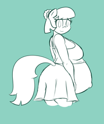 Size: 1765x2089 | Tagged: safe, artist:funble, character:coco pommel, species:anthro, species:earth pony, species:pony, belly, belly button, big belly, clothing, coco preggo, female, looking at you, mare, monochrome, pregnant, sketch, skirt, smiling, solo