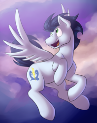 Size: 3481x4425 | Tagged: safe, artist:dripponi, artist:lattynskit, character:soarin', species:pegasus, species:pony, absurd resolution, flying, looking at something, male, open mouth, solo, stallion