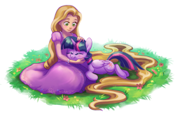 Size: 1807x1188 | Tagged: safe, artist:dawnfire, character:twilight sparkle, character:twilight sparkle (alicorn), species:alicorn, species:pony, clothing, commission, crossover, cute, dawwww, disney, dress, eyes closed, rapunzel, smiling, tangled (disney), twiabetes