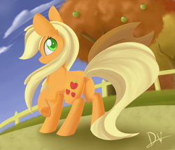 Size: 1765x1508 | Tagged: safe, artist:dusthiel, character:applejack, apple, apple tree, applebutt, cloud, cloudy, colored pupils, featureless crotch, female, food, green apple, looking at you, looking back, looking back at you, missing accessory, plot, raised hoof, signature, smiling, solo, sweet apple acres, tree