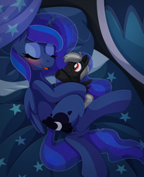 Size: 1318x1618 | Tagged: safe, artist:pearlyiridescence, character:princess luna, oc, oc:dusky, species:alicorn, species:pegasus, species:pony, bed, bedroom, blushing, canon x oc, cuddling, cute, eyes closed, female, implied canon x oc, implied shipping, lying down, on side, open mouth, plushie, sleeping, snuggling