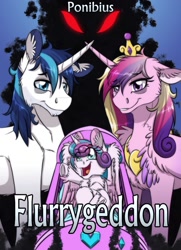 Size: 743x1024 | Tagged: safe, artist:inuhoshi-to-darkpen, character:princess cadance, character:princess flurry heart, character:shining armor, species:alicorn, species:pony, species:unicorn, bags under eyes, crib, demon, evil flurry heart, fanfic, fanfic art, shadow pony, sleepy, tired