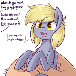 Size: 1920x1920 | Tagged: safe, artist:dsp2003, part of a set, character:derpy hooves, species:human, species:pegasus, species:pony, g4, cheek fluff, colored pupils, cute, dawwww, derpabetes, dsp2003 is trying to murder us, ear fluff, equestria's best mother, eye clipping through hair, fluffy, hnnng, holding a pony, implied dinky, offscreen character, open mouth, part of a series, shoulder fluff, simple background, single panel, tiny ponies, what do you want, white background
