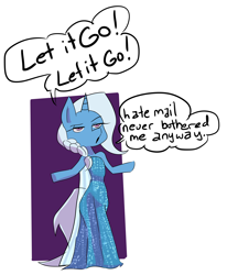 Size: 3384x4104 | Tagged: safe, artist:fauxsquared, character:trixie, species:pony, species:unicorn, absurd resolution, bipedal, clothing, dialogue, dress, elsa, female, frozen (movie), let it go, simple background, solo, trixie is magic, white background