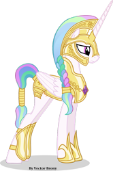 Size: 729x1096 | Tagged: safe, artist:vector-brony, character:princess celestia, species:alicorn, species:pony, alternate hairstyle, armor, braid, female, helmet, horn, jewelry, mare, regalia, simple background, solo, tail wrap, transparent background, vector, warrior celestia, wings
