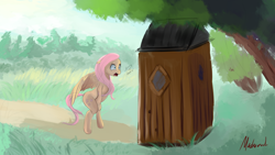 Size: 1920x1080 | Tagged: safe, artist:miokomata, character:fluttershy, species:pony, bathroom, bipedal, desperation, fangs, female, forest, hooves between legs, knees pressed together, need to pee, omorashi, out of character, potty dance, potty emergency, potty time, scenery, signature, solo, tree, trotting in place, vulgar
