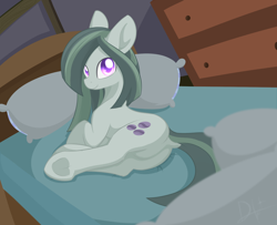 Size: 1802x1460 | Tagged: safe, artist:dusthiel, character:marble pie, species:earth pony, species:pony, bed, butt, colored pupils, dock, featureless crotch, female, frog (hoof), looking at you, looking back, looking back at you, marblebutt, pillow, plot, prone, smiling, smiling at you, solo, underhoof