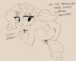Size: 1000x794 | Tagged: safe, artist:sirmasterdufel, character:applejack, character:rarity, species:pony, dialogue, guess who, monochrome, peekaboo, simple background