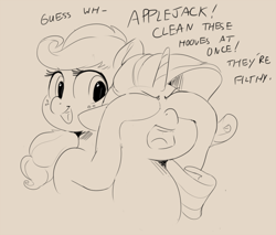 Size: 1000x850 | Tagged: safe, artist:sirmasterdufel, character:applejack, character:rarity, species:pony, angry, dialogue, dirty, guess who, monochrome, peekaboo, simple background, this will end in tears and/or death