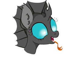 Size: 1555x1246 | Tagged: safe, artist:paskanaakka, derpibooru original, species:changeling, bust, ear fluff, fangs, forked tongue, portrait, sharp teeth, simple background, smiling, solo, teeth, tongue out, transparent background