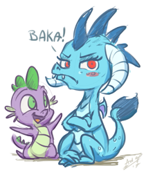 Size: 575x680 | Tagged: safe, artist:assasinmonkey, character:princess ember, character:spike, species:dragon, episode:gauntlet of fire, g4, my little pony: friendship is magic, baka, blushing, chibi, crossed arms, dialogue, duo, fangs, female, frown, male, open mouth, simple background, sitting, smiling, tsundember, tsundere, white background