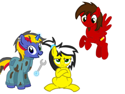 Size: 1600x1200 | Tagged: safe, artist:toyminator900, oc, oc only, oc:chip, oc:uppercute, oc:wheelie rims, species:earth pony, species:pegasus, species:pony, species:unicorn, crossed arms, ear piercing, earring, flying, glowing horn, heterochromia, jewelry, magic, mechanic, oil, piercing, pouting, simple background, telekinesis, transparent background, trio, wrench