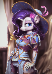 Size: 850x1200 | Tagged: safe, artist:assasinmonkey, character:rarity, species:anthro, species:pony, species:unicorn, beautiful, belly button, clothing, costume porn, cute, eyeshadow, female, fire ruby, flower, flower in hair, hat, lidded eyes, makeup, mare, navel cutout, raribetes, signature, smiling, solo, technically advanced