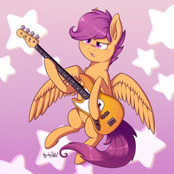 Size: 2000x2000 | Tagged: safe, artist:dsp2003, character:scootaloo, species:pegasus, species:pony, bass guitar, commission, female, guitar, high res, musical instrument, open mouth, sad, scootabass, simple background, solo, stars