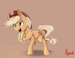 Size: 1400x1080 | Tagged: safe, artist:miokomata, character:applejack, species:pony, clothing, cowboy hat, female, hat, open mouth, raised hoof, signature, simple background, smiling, solo, stetson