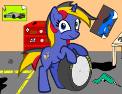 Size: 1042x800 | Tagged: safe, artist:toyminator900, oc, oc only, oc:wheelie rims, species:pony, species:unicorn, bipedal, car, drill, female, heterochromia, looking at you, mare, mechanic, oil, poster, smiling, solo, tire, wheel, workbench, wrench