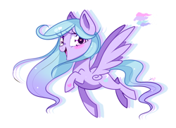 Size: 800x580 | Tagged: safe, artist:ipun, oc, oc only, oc:love moon, species:pegasus, species:pony, blushing, female, flying, heart, heart eyes, mare, open mouth, simple background, smiling, solo, spread wings, white background, wingding eyes, wings