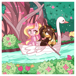 Size: 1300x1300 | Tagged: safe, artist:ipun, oc, oc only, species:pony, species:unicorn, clothing, female, heart eyes, male, mare, oc x oc, rowing, scarf, shipping, stallion, straight, swan boat, tree, wingding eyes