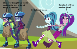 Size: 1130x720 | Tagged: safe, artist:themexicanpunisher, character:aria blaze, character:lemon zest, character:sonata dusk, character:sunny flare, my little pony:equestria girls, food, grammar error, paper bag, sleeveless, sonataco, strapless, taco