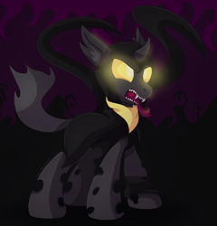 Size: 1522x1583 | Tagged: safe, artist:pearlyiridescence, oc, oc only, oc:flavis, species:changeling, angry, changeling oc, cloak, clothing, forked tongue, glowing eyes, hood, male, scarf, sharp teeth, solo, teeth, tentacles, tongue out, yellow changeling