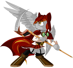 Size: 2001x1863 | Tagged: safe, artist:beardie, oc, oc only, oc:tinker toy, species:pegasus, species:pony, belt, boots, clothing, commission, female, garters, goggles, hood, scythe, skirt, skirt lift, solo, steampunk, stockings, thigh highs