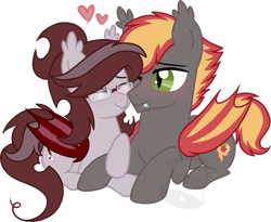 Size: 855x700 | Tagged: safe, artist:tambelon, oc, oc only, oc:savory zest, oc:scarlet quill, species:bat pony, species:pony, art trade, eyes closed, fangs, female, glasses, heart, husband and wife, male, married, married couple, oc x oc, prone, scarlory, shipping, simple background, slit eyes, smiling, transparent background, watermark