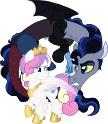 Size: 788x900 | Tagged: safe, artist:tambelon, character:princess skyla, oc, oc:maelstrom, parent:discord, parent:princess cadance, parent:princess luna, parent:shining armor, parents:lunacord, parents:shiningcadance, species:draconequus, species:pegasus, species:pony, draconequus oc, duo, female, hoof shoes, horseshoes, hybrid, interspecies offspring, looking at each other, male, mare, offspring, peytral, raised hoof, simple background, transparent background, watermark
