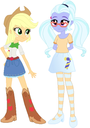 Size: 412x582 | Tagged: safe, artist:ra1nb0wk1tty, character:applejack, character:sugarcoat, my little pony:equestria girls, boots, clothing, cowboy boots, cowboy hat, denim skirt, dynamite, explosives, freckles, glasses, hand on hip, hat, high heels, pigtails, shoes, simple background, skirt, stetson, striped pantyhose, tights, twintails