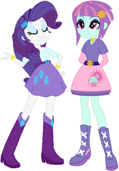 Size: 384x553 | Tagged: safe, artist:ra1nb0wk1tty, character:rarity, character:sunny flare, my little pony:equestria girls, boots, bracelet, clothing, cloud, high heel boots, jewelry, necklace, raincloud, simple background, skirt, sun