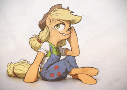 Size: 1200x850 | Tagged: safe, artist:assasinmonkey, character:applejack, species:earth pony, species:pony, clothing, cowboy hat, crossed hooves, dungarees, female, freckles, hat, head on hoof, mare, overalls, semi-anthro, signature, sitting, solo, stetson