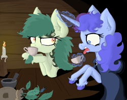 Size: 1508x1183 | Tagged: safe, artist:paskanaakka, derpibooru original, oc, oc only, oc:bittergreen, oc:midnight dew, species:earth pony, species:pony, species:unicorn, candle, cloak, clothing, colored hooves, cup, disgusted, duo, ear fluff, magic, mortar and pestle, table, teacup, telekinesis, tongue out, unshorn fetlocks