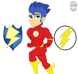 Size: 1900x1800 | Tagged: dead source, safe, artist:mashoart, character:flash sentry, my little pony:equestria girls, crossover, dc comics, male, outfit, pun, solo, superhero, the flash, visual gag