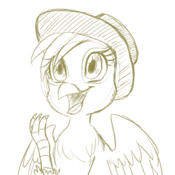 Size: 600x600 | Tagged: safe, artist:jitterbugjive, oc, oc only, oc:rainbow feather, parent:gilda, parent:rainbow dash, parents:gildash, species:griffon, clothing, cute, hat, interspecies offspring, magical lesbian spawn, monochrome, offspring, sketch, solo
