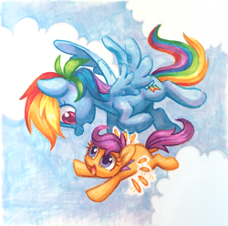 Size: 1876x1861 | Tagged: safe, artist:dawnfire, character:rainbow dash, character:scootaloo, species:pegasus, species:pony, cute, cutealoo, flying, open mouth, scootaloo can fly, scootalove