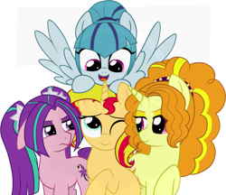 Size: 800x692 | Tagged: safe, artist:tambelon, character:adagio dazzle, character:aria blaze, character:sonata dusk, character:sunset shimmer, species:earth pony, species:pegasus, species:pony, species:unicorn, ship:sunblaze, ship:sunsagio, equestria girls:rainbow rocks, g4, my little pony: equestria girls, my little pony:equestria girls, bedroom eyes, dazzling sun, equestria girls ponified, female, frown, group, group photo, lesbian, mare, one eye closed, ponified, pony hat, raised hoof, shipping, simple background, smiling, smirk, spread wings, sunata, sunblaze, sunset shimmer gets all the dazzlings, sunset shimmer gets all the mares, the dazzlings, transparent background, watermark, wings, wink