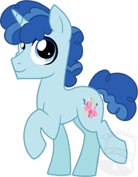 Size: 587x750 | Tagged: safe, artist:tambelon, character:party favor, species:pony, species:unicorn, episode:the cutie map, g4, my little pony: friendship is magic, blue, cute, favorbetes, happy, male, raised hoof, smiling, solo, stallion, watermark