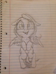 Size: 1024x1365 | Tagged: safe, artist:miokomata, character:fluttershy, species:pony, bipedal, both cutie marks, chest fluff, chibi, female, floppy ears, grayscale, hooves to the chest, lined paper, looking at you, monochrome, open mouth, pencil drawing, smiling, solo, spread wings, traditional art, wings