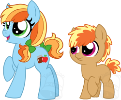 Size: 700x576 | Tagged: safe, artist:tambelon, oc, oc only, oc:apple butter, oc:applesauce, parent:applejack, parent:rainbow dash, parents:appledash, species:earth pony, species:pony, brother and sister, colt, female, filly, magical lesbian spawn, male, next generation, offspring, siblings