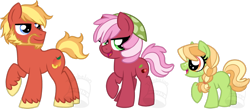 Size: 1024x447 | Tagged: safe, artist:tambelon, oc, oc only, oc:cherry pit, oc:peach fuzz, oc:sweet crispin, parent:big macintosh, parent:cheerilee, parents:cheerimac, species:pony, facial hair, female, filly, goatee, male, mare, offspring, siblings, simple background, stallion, transparent background, watermark