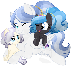 Size: 755x700 | Tagged: safe, artist:tambelon, oc, oc only, oc:ebony glaze, oc:ivory sheen, oc:lapis lazuli, parent:king sombra, parent:oc:opalescent pearl, parents:canon x oc, species:crystal pony, species:pegasus, species:pony, colt, female, filly, male, offspring, siblings, simple background, transparent background