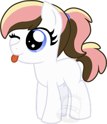 Size: 601x700 | Tagged: safe, artist:tambelon, oc, oc only, oc:neapolitan twist, species:earth pony, species:pony, female, filly, one eye closed, solo, tongue out, watermark, wink