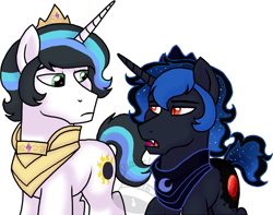 Size: 800x629 | Tagged: safe, artist:tambelon, oc, oc only, oc:prince eclipse, oc:prince nocturne, parent:good king sombra, parent:king sombra, parent:princess celestia, parent:princess luna, parents:celestibra, parents:lumbra, species:pony, species:unicorn, colt, cousins, male, offspring, simple background, solo, watermark, white background